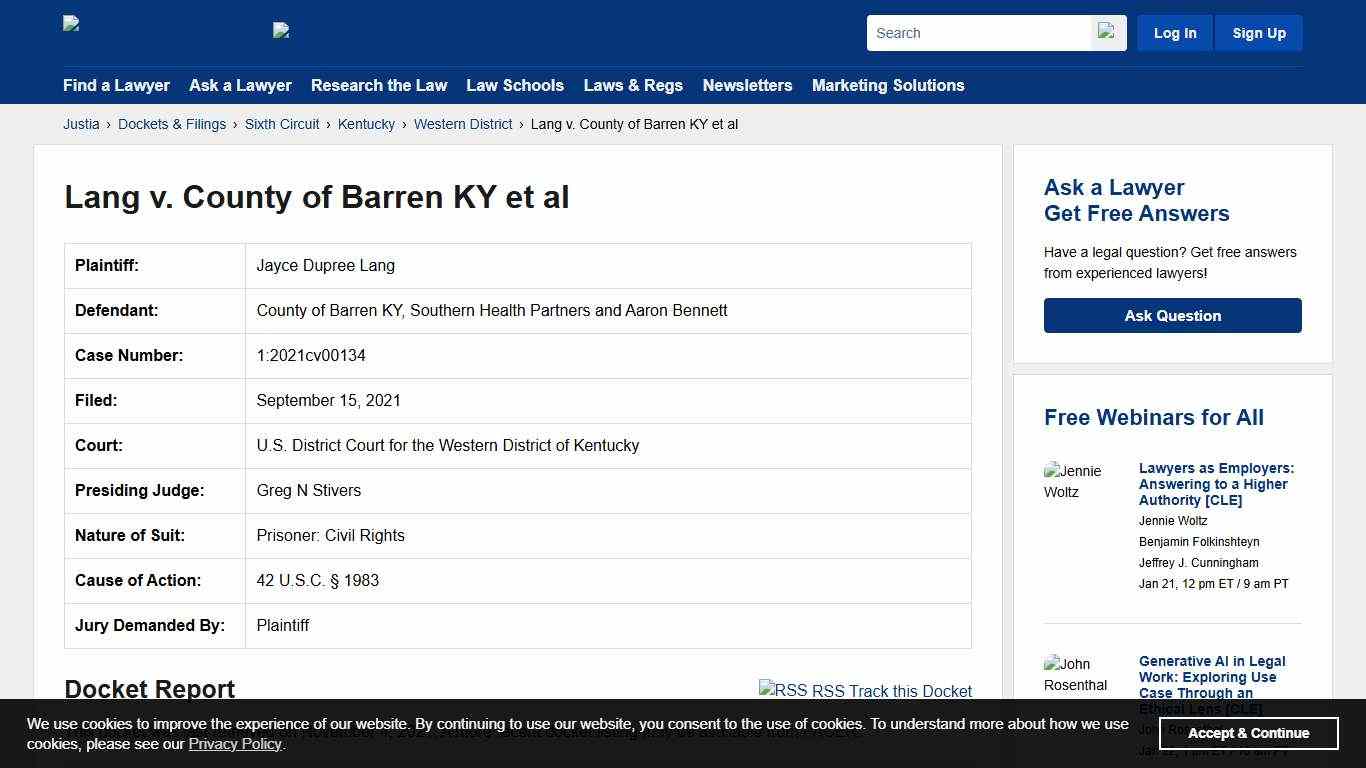 Lang v. County of Barren KY et al 1:2021cv00134 | U.S. District Court for the Western District of Kentucky | Justia